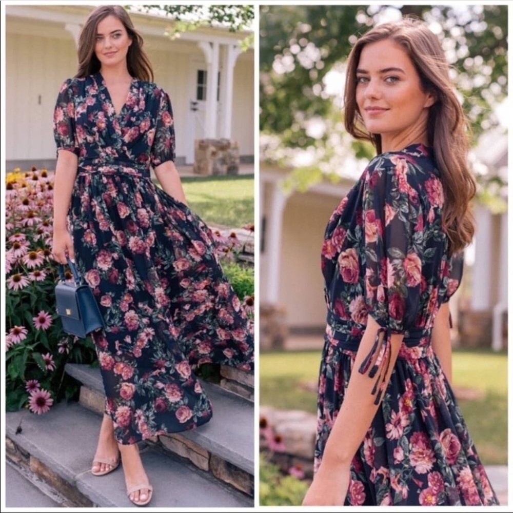 NWT Gal Meets Glam Ashlynn Navy Blue Floral Print Chiffon Maxi Dress Sz 4  #47